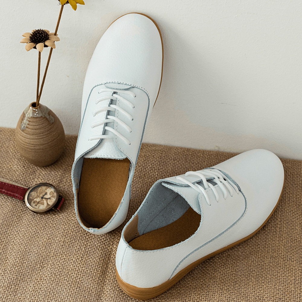 Women Slip Resistant Lace up Casual Leather Flats - MRSLM
