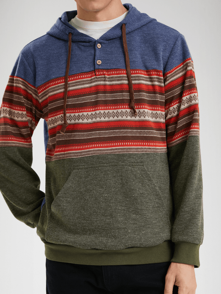 Men Patchwork Ethnic Contrast Color Kangaroo Pocket Hooded Sweatshirt - MRSLM