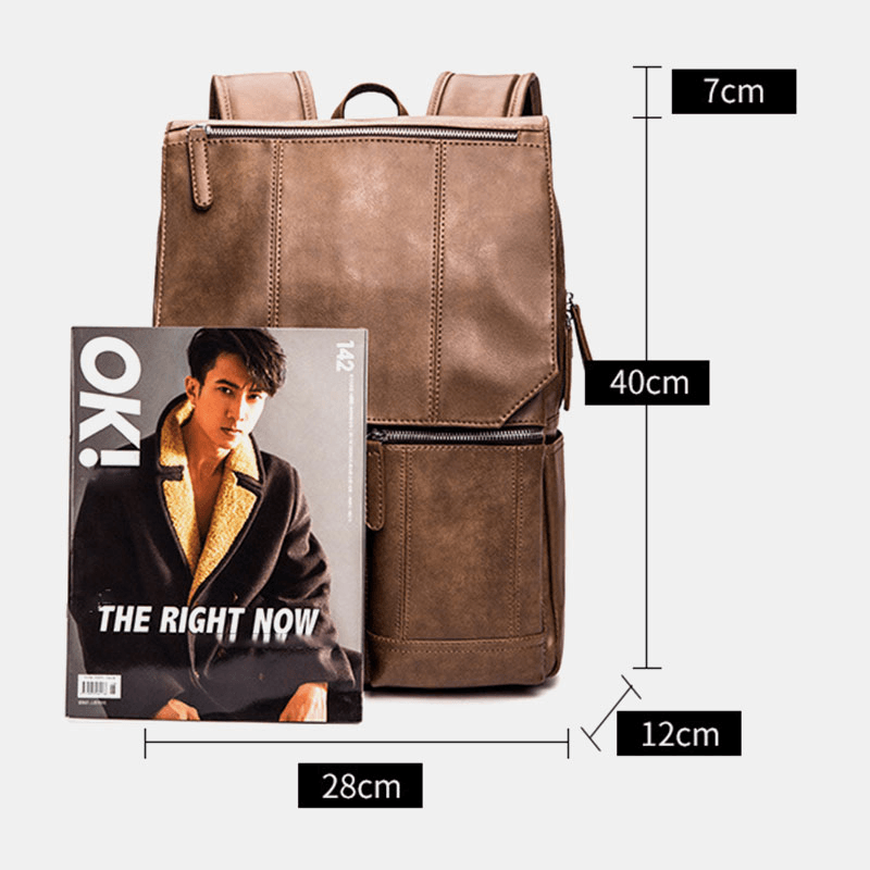 Men PU Leather Retro Business Casual Style Large Capacity 14 Inch Laptop Bag Student School Bag Travel Backpack - MRSLM