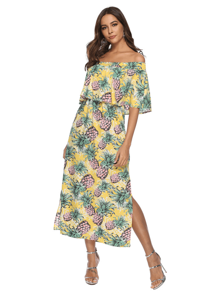 Women off Shoulder Floral Print Split Causal Midi Dress - MRSLM