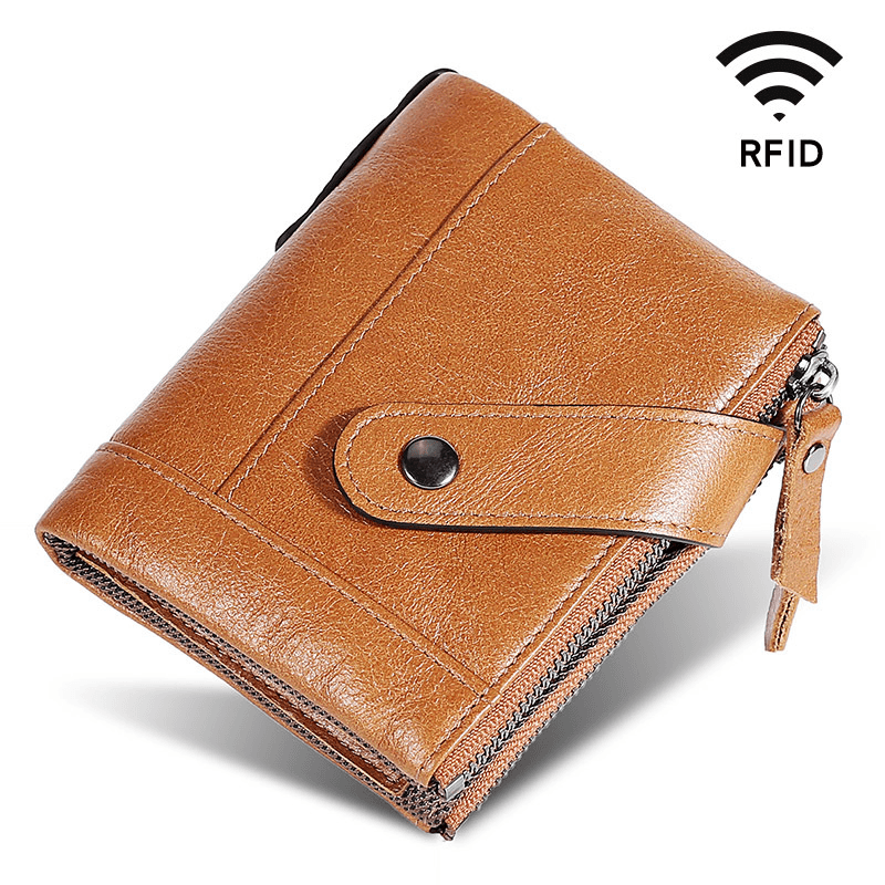 Men Genuine Leather RFID Blocking Vintage Double Zipper Cards Holder Wallet - MRSLM