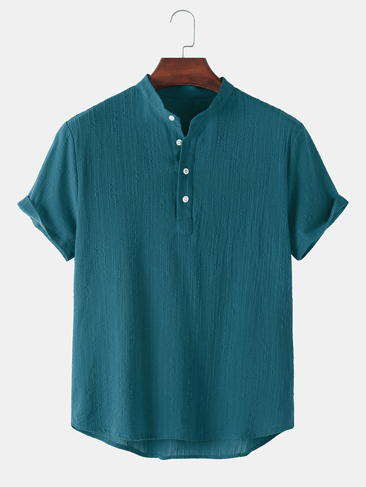 Mens Basic Solid Color Linen Short Sleeve Henley Shirt - MRSLM