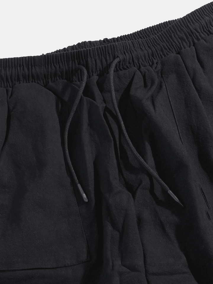 Mens Black Loose Drawstring Elastic Waist Multi Pocket Casual Pants - MRSLM