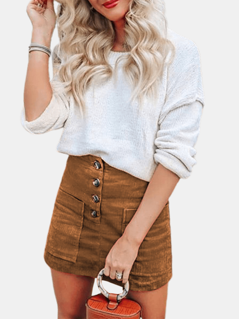 Women Corduroy Double Pocket Front Button High Waist Plain Mini Skirts - MRSLM