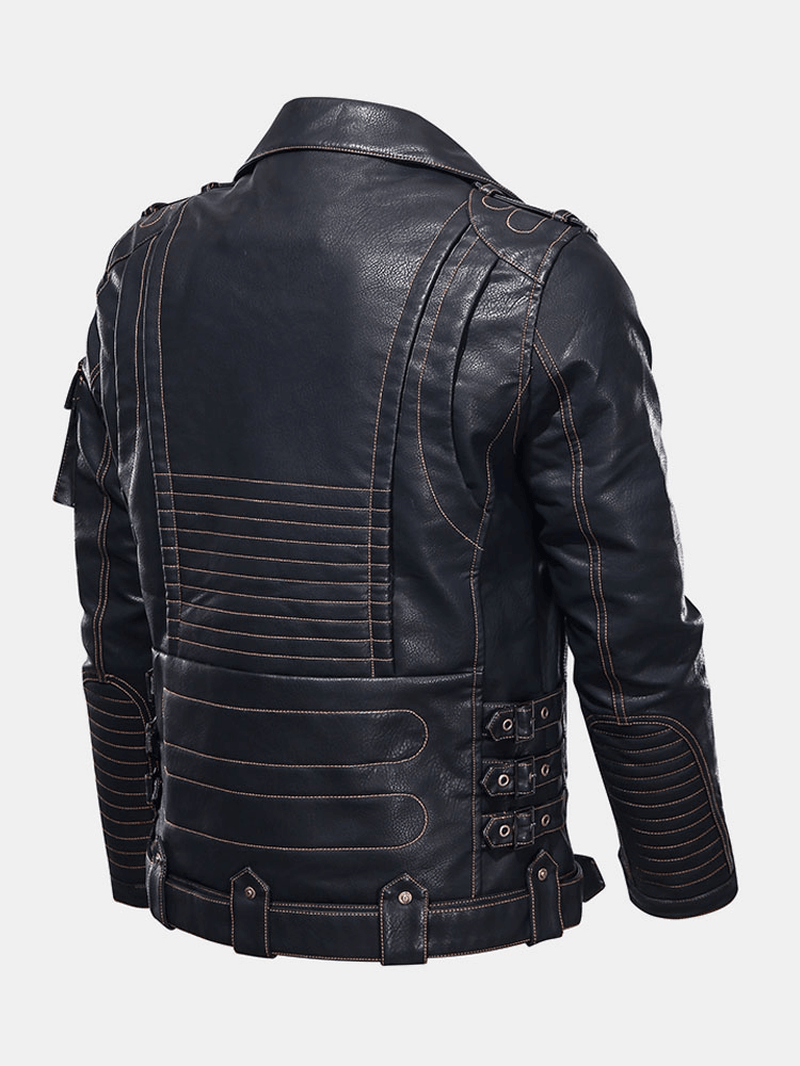 Mens Zip-Up Multi Pocket PU Leather Motorcycle Jacket - MRSLM