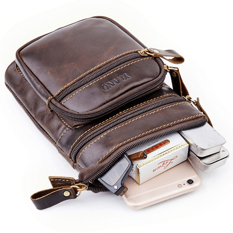 Men Phone Bag Multifunction Oil Wax Crossbody Bag Waist Bag - MRSLM