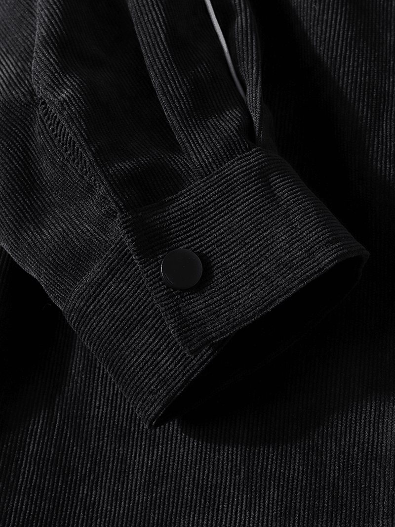 Mens Corduroy Contrast Binding Lapel Plain Long Sleeve Black Shirts - MRSLM