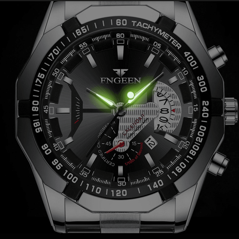 FNGEEN S001 Fashion Business Luminous Pointer with Calendar Date Display Steel / PU Leather Strap Waterproof Men Quartz Watch - MRSLM