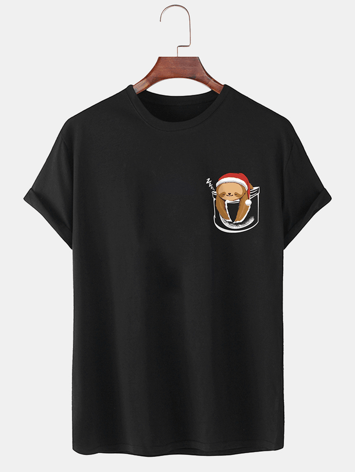 Mens 100% Cotton Christmas Bear O-Neck Solid Color Thin T-Shirt - MRSLM