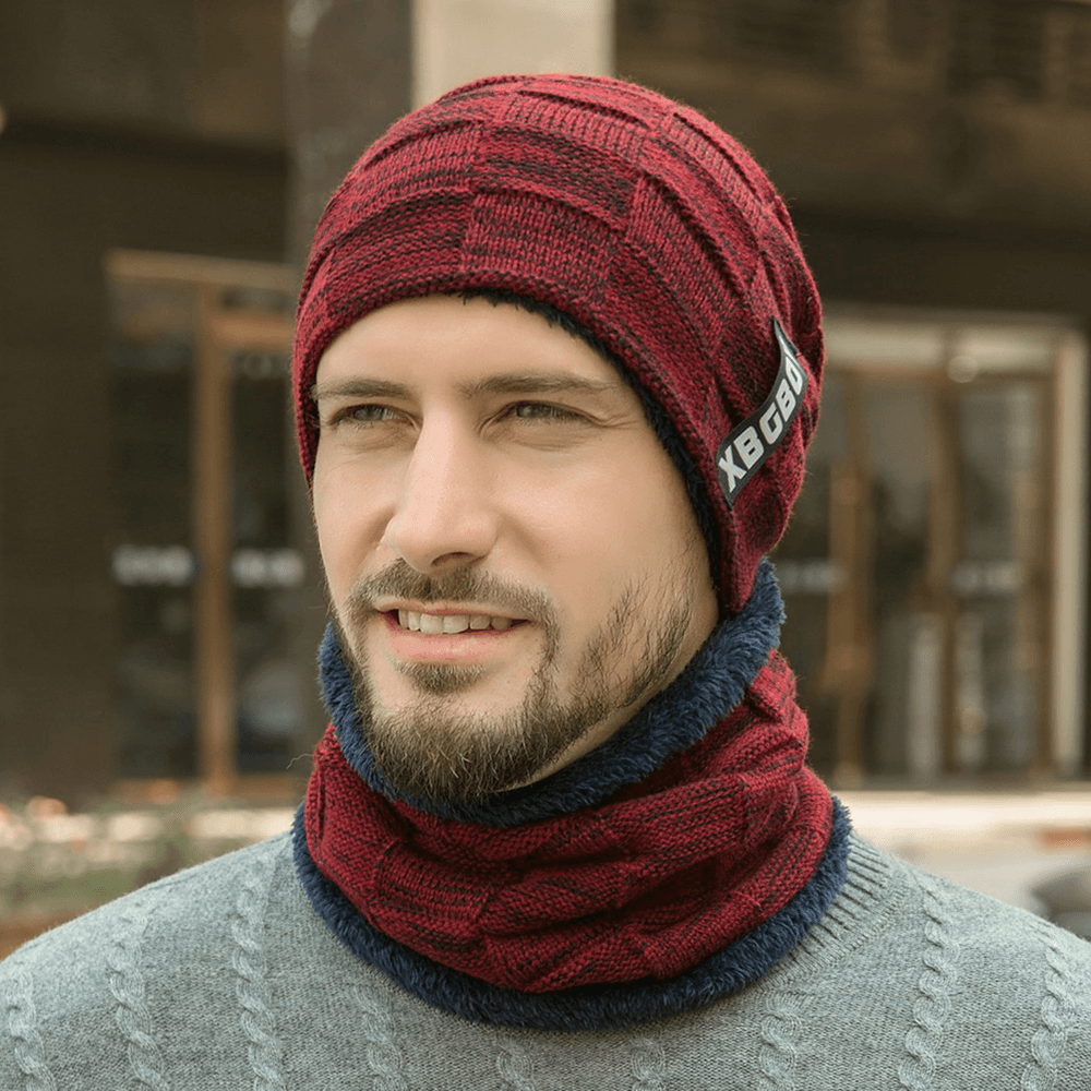 Men 2PCS Wool plus Velvet plus Thickness Winter Outdoor Keep Warm Neck Protection Headgear Scarf Knitted Hat - MRSLM