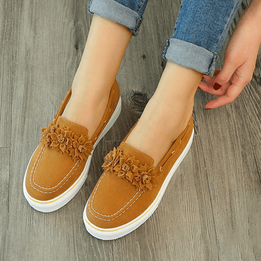 Women Suede Flower Comfy Lining Simple Solid Casual Loafers Shoes - MRSLM