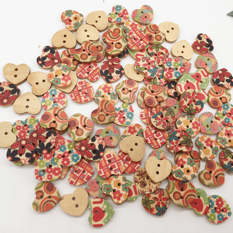100 PCS Heart Shape Wooden Button Mixed 2 Hole Natural Sewing Children Handmade Clothes Buttons - MRSLM