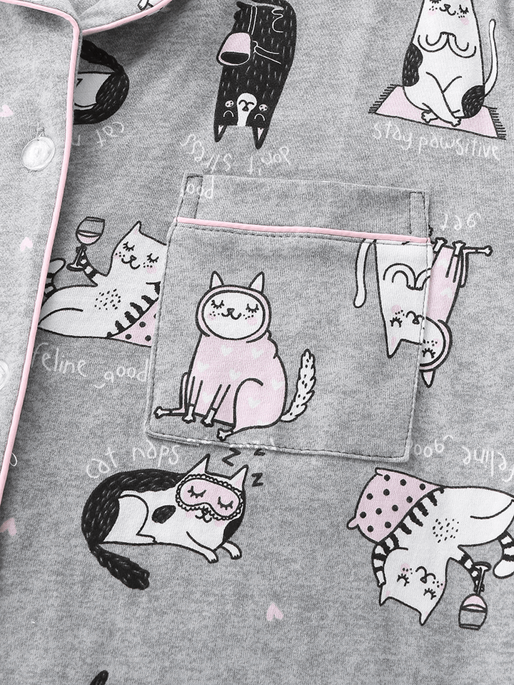 Women Allover Cartoon Cats Print Lapel Long Sleeve Cotton Loungewear Comfy Home Pajamas Sets - MRSLM