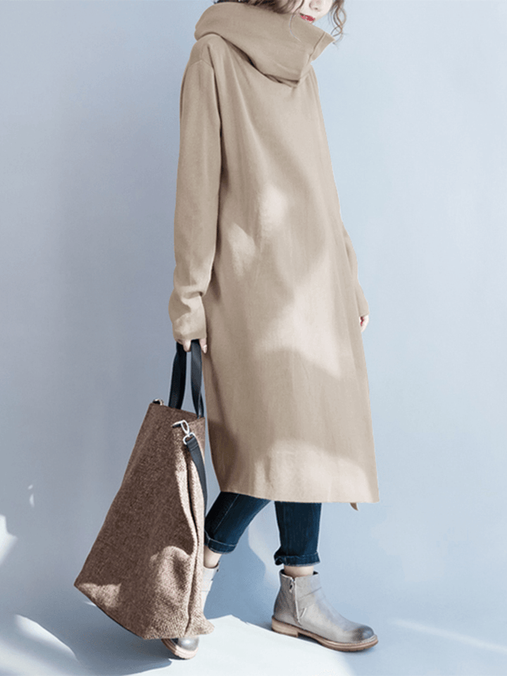 Women Fleece Loose Pullover Turtleneck Neck Side Pockets Long Sleeve Coats - MRSLM