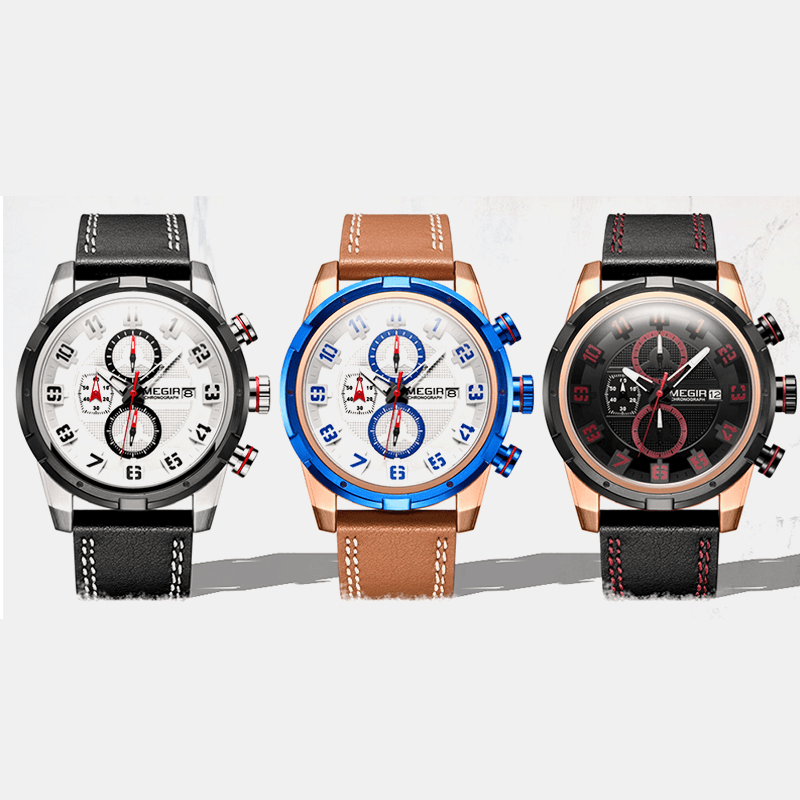 Megir 2082G Multifunction 3D Dial Display Sport Men Wrist Watch Genuine Leather Band Quartz Watch - MRSLM