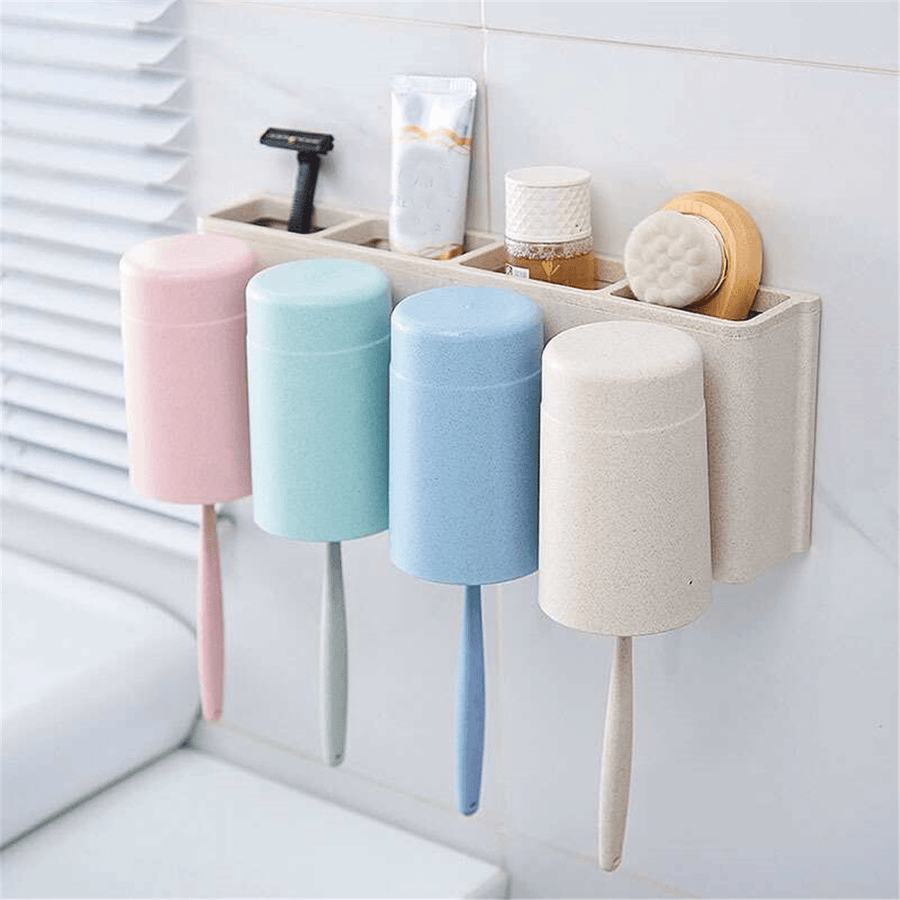 Multifunctional Wheat Straw 6 Toothbrushes Holder 2 Cups Suction Stand Home Bathroom Wall Mount - MRSLM