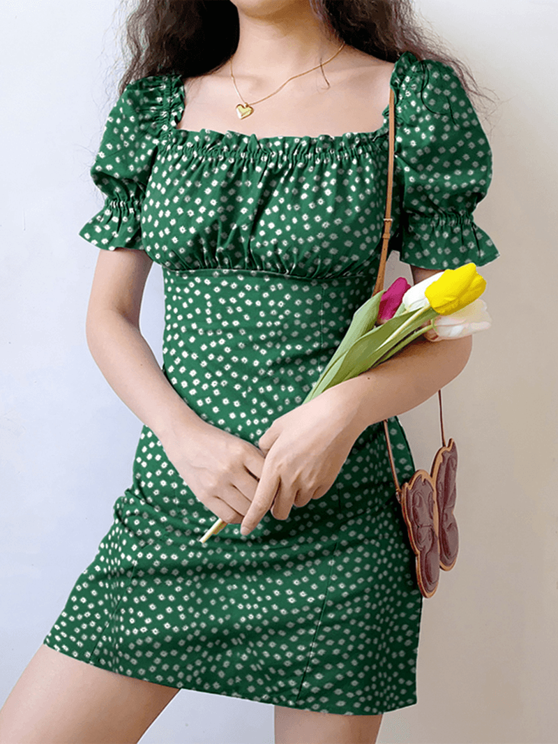 Floral Print Square Collar Pleating Short Sleeve Mini Dress - MRSLM