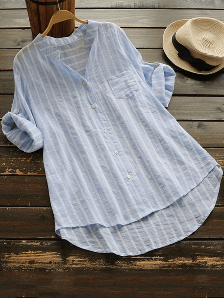 Women Stripe V-Neck Buttons 3/4 Fold Sleeve Irregular Blouse - MRSLM