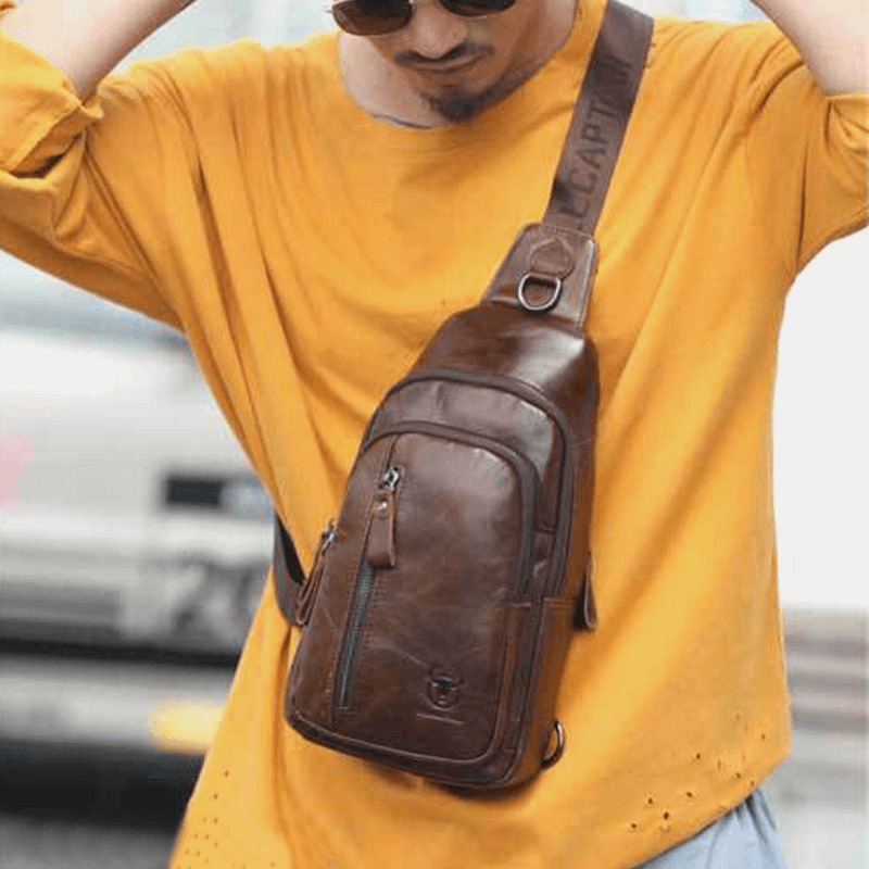 BULLCAPTAIN Men Multi-Pocket Cowhide Chest Bag Casual Sports Multifunctional Large Capacity Crossbody Bag Shoulder Bag - MRSLM