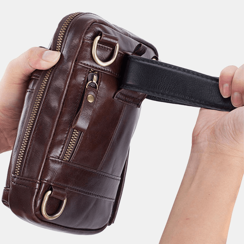 Men Genuine Leather Multi-Layer Crossbody Bag Waist Belt Bag Shoulder Bag Phone Bag - MRSLM