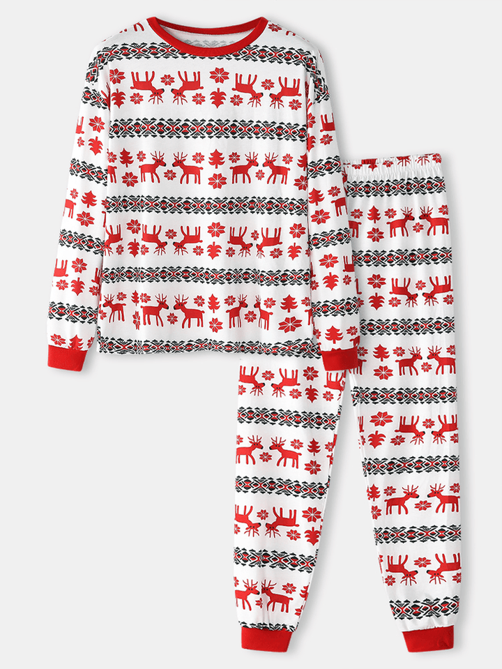 Mens Allover Elk Print Christmas Cotton O-Neck Two-Piece Jogger Pants Home Pajamas Set - MRSLM
