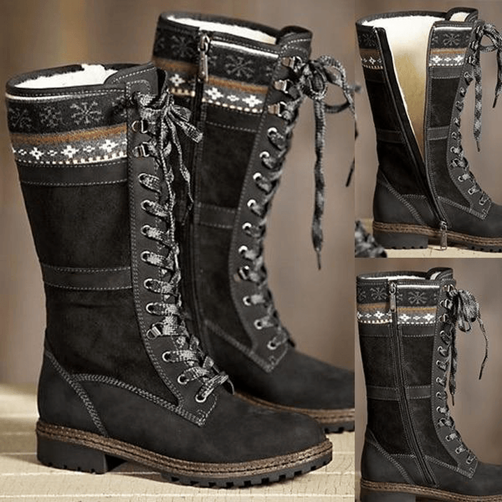 Large Size Winter Suede Warm Lace up Zipper Mid-Calf Boots - MRSLM
