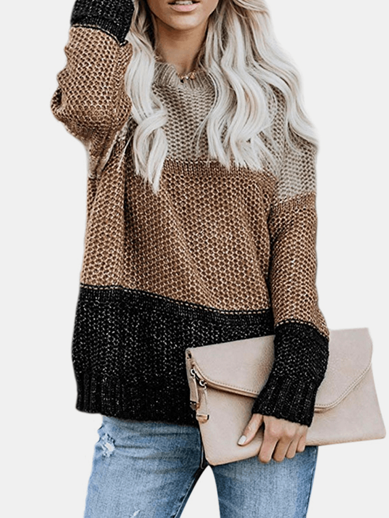 Women Contrast Color Patchwork round Neck Long Sleeve Knitted Casual Sweater - MRSLM