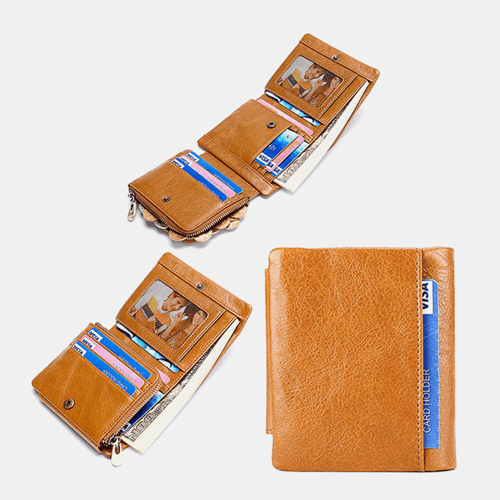 Men Genuine Leather Cowhide Retro Business Trifold Multi-Slot Coin Bag Card Holder Wallet - MRSLM