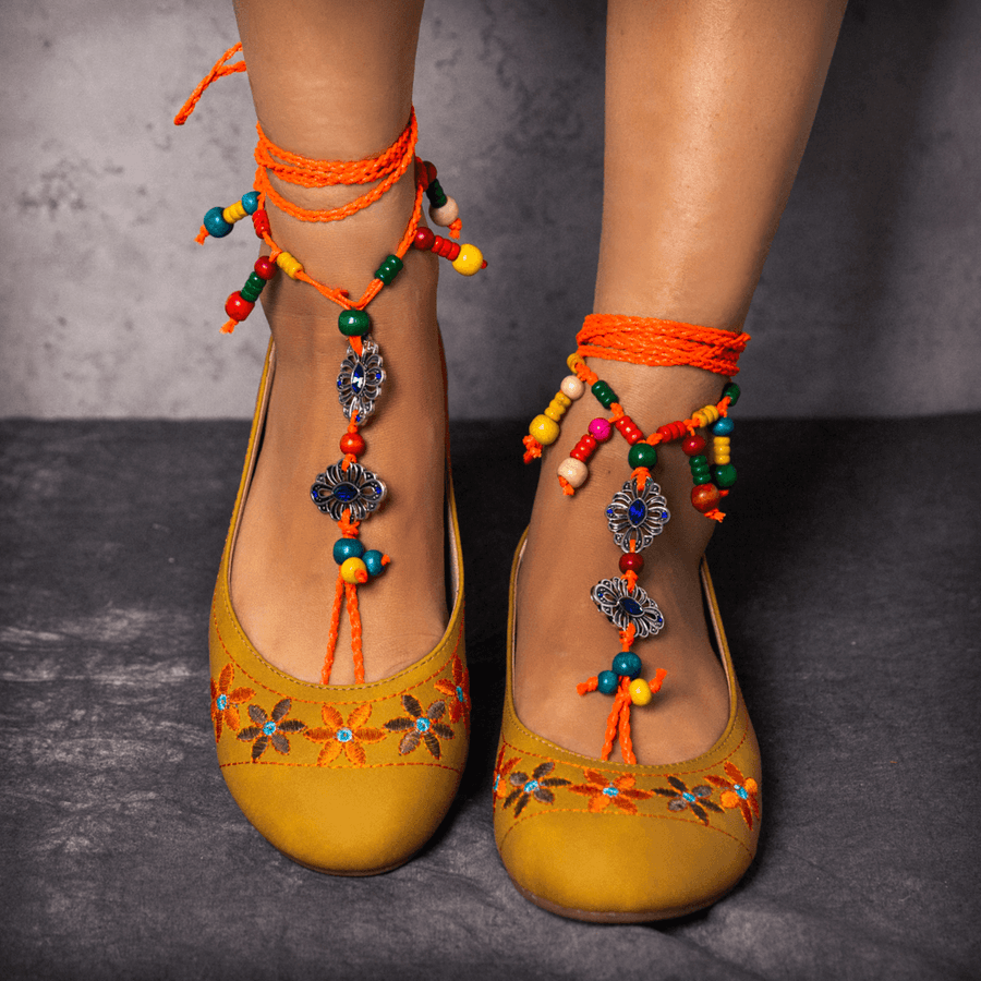 LOSTISY Exotic Style Embroidered Beaded Chain Yellow Casual Bohemia Flats - MRSLM