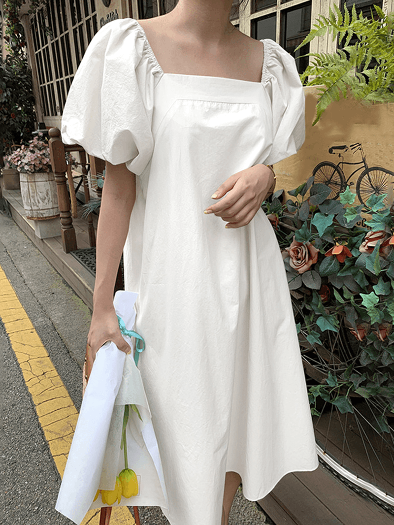 Puff Sleeve Square Collar Plain Solid Color Casual Midi Dress with Pocket - MRSLM