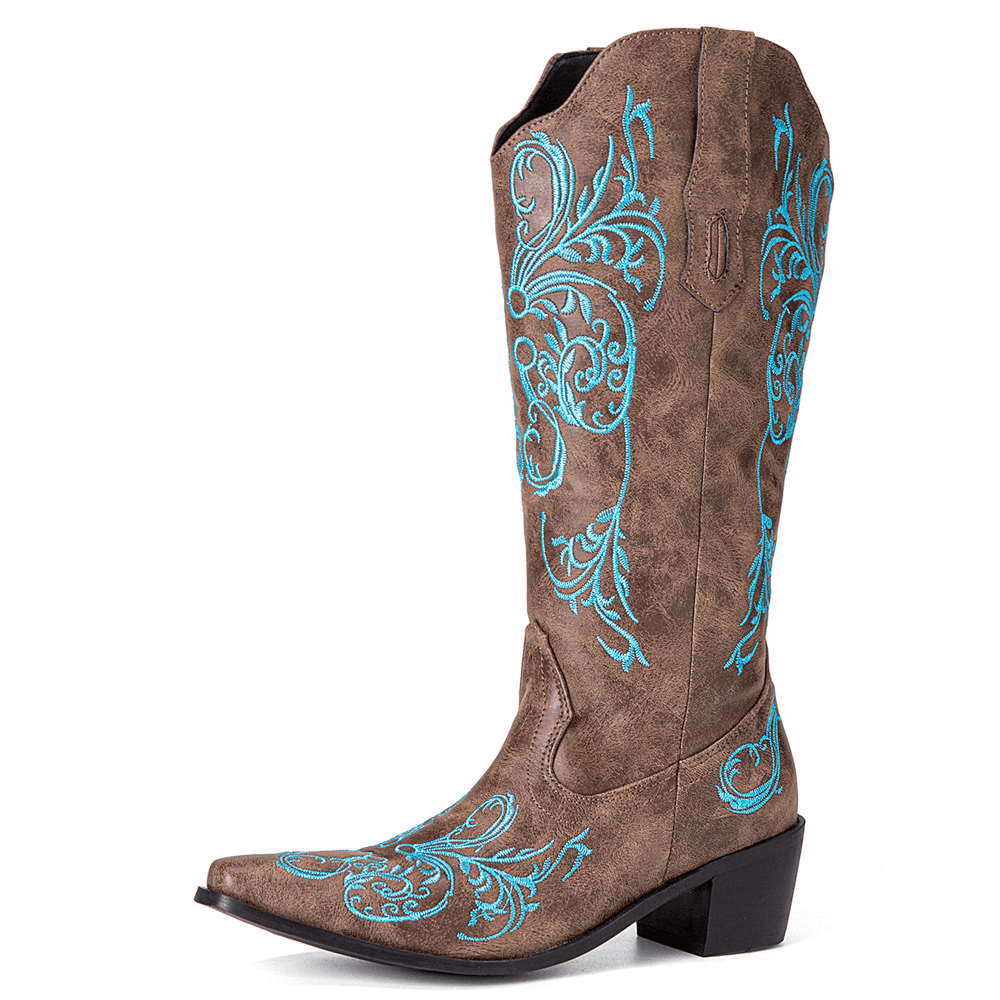 Women Floral Retro Embroidery Leather V-Cut Pointy-Toe Chunky Heel Mid-Calf Knight Boots - MRSLM