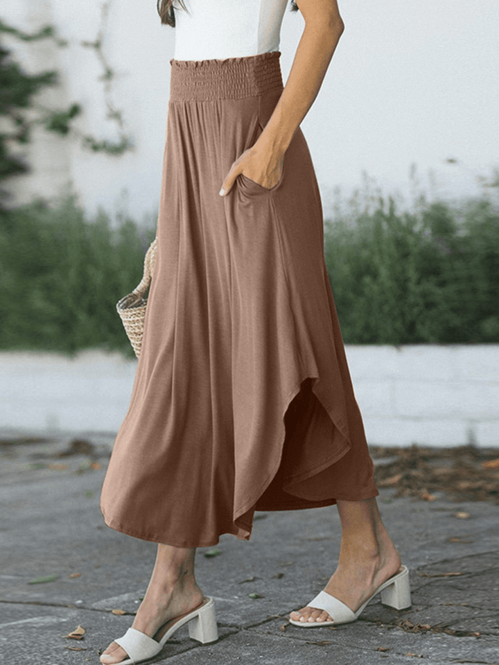 Women Elastic Waist Irregular Hem Side Fork Casual Skirts with Pocket - MRSLM