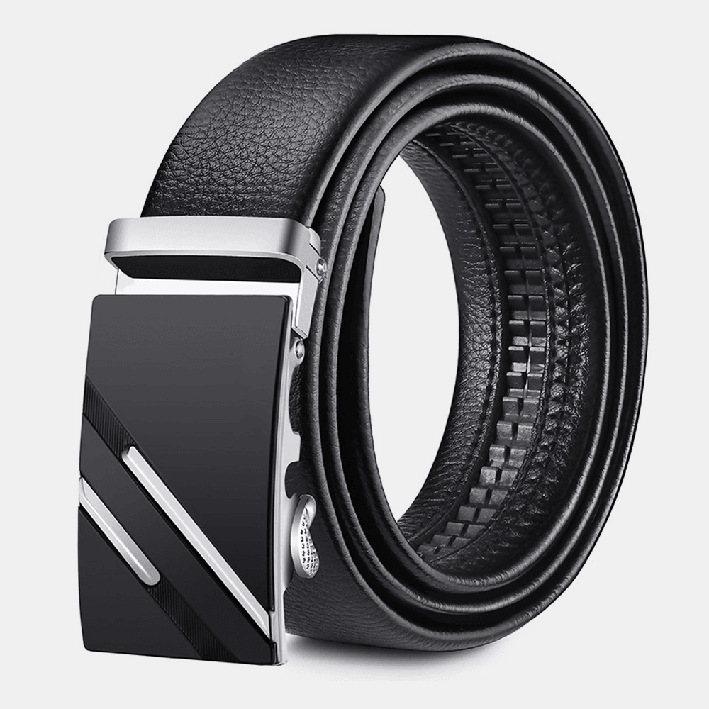 Men PU Leather Rectangle Metal Full Automatic Buckle Belt Ratchet Full Cowhide Belt for Suit - MRSLM
