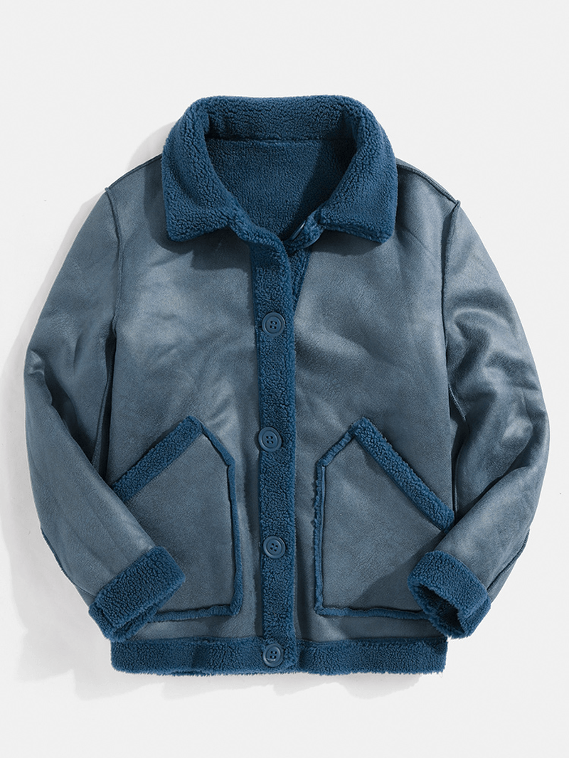 Mens Solid Color Lapel Reversible Polar Fleece Fluffy Jacket with Pocket - MRSLM