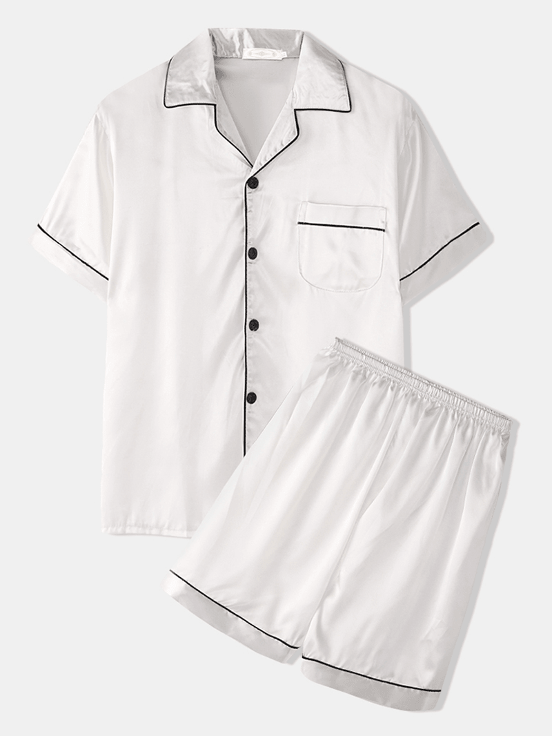 Men Two Piece Faux Silk Pajamas Set Plain Home Lapel Collar Satin Sleepwear Tops - MRSLM