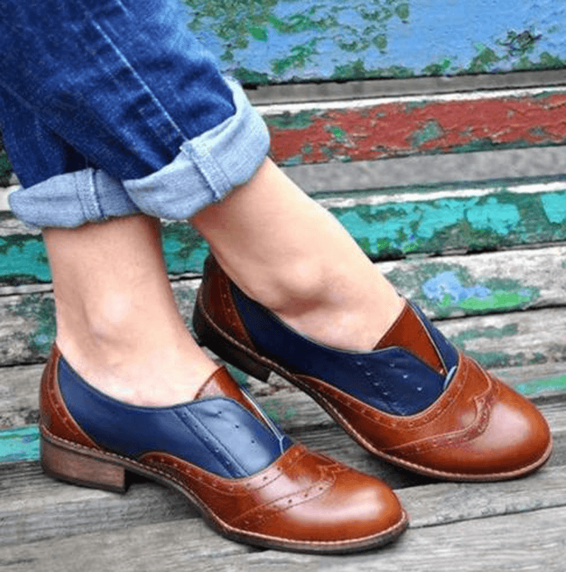 Women Color Splicing Square Heel round Toe Brogue Oxfords Casual Flats Loafers - MRSLM