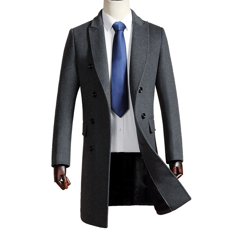 Mens Mid Long Slim Woolen Overcoat Thick Warm Double-Breasted Stylish Trench Coat - MRSLM