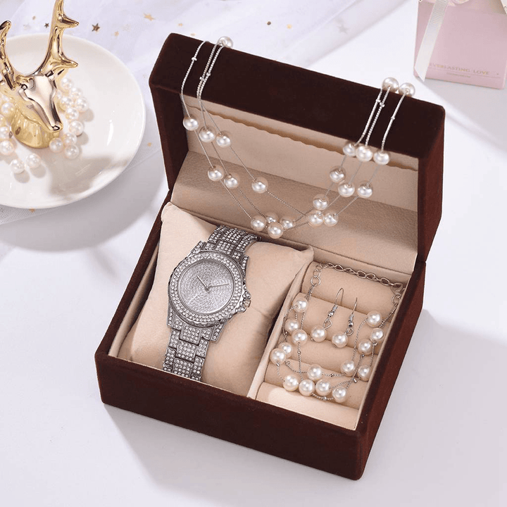 Deffrun 4 Pcs Women Watch Set Full Diamond round Watch Pearl Bracelet Earrings Necklace Gift Kit - MRSLM