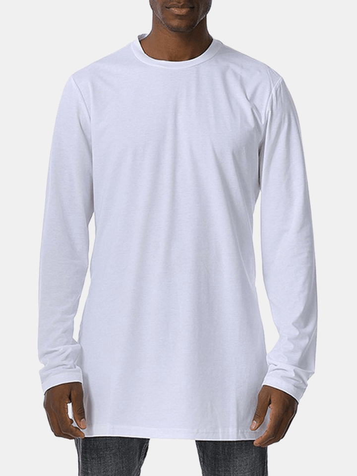 Mens Solid Color round Neck Side Split Long Sleeve Casual T-Shirts - MRSLM