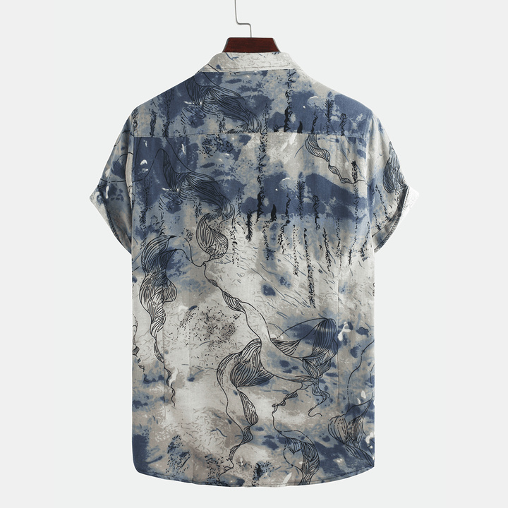 Men Abstract Printed Short Sleeve Turn down Collar Casual Shirts - MRSLM