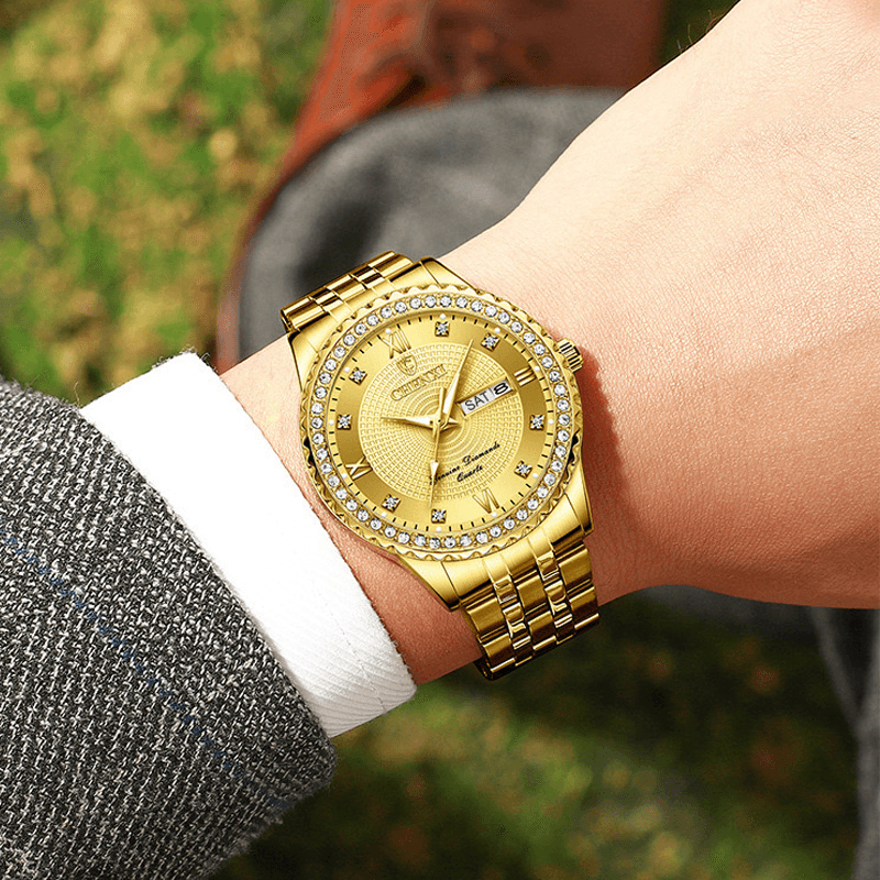 CHENXI 8215 Casual Style Men Wrist Watch Gold Case Full Steel Band Quartz Watch - MRSLM