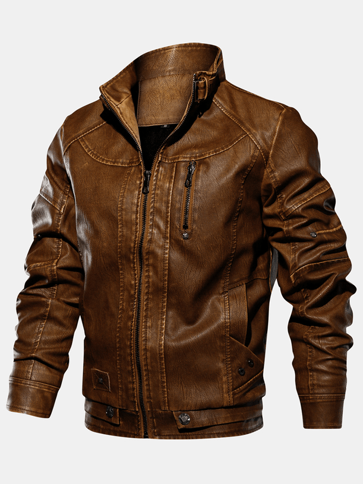 Mens Zipper Pocket Stand Collar PU Leather Motorcycle Jacket - MRSLM