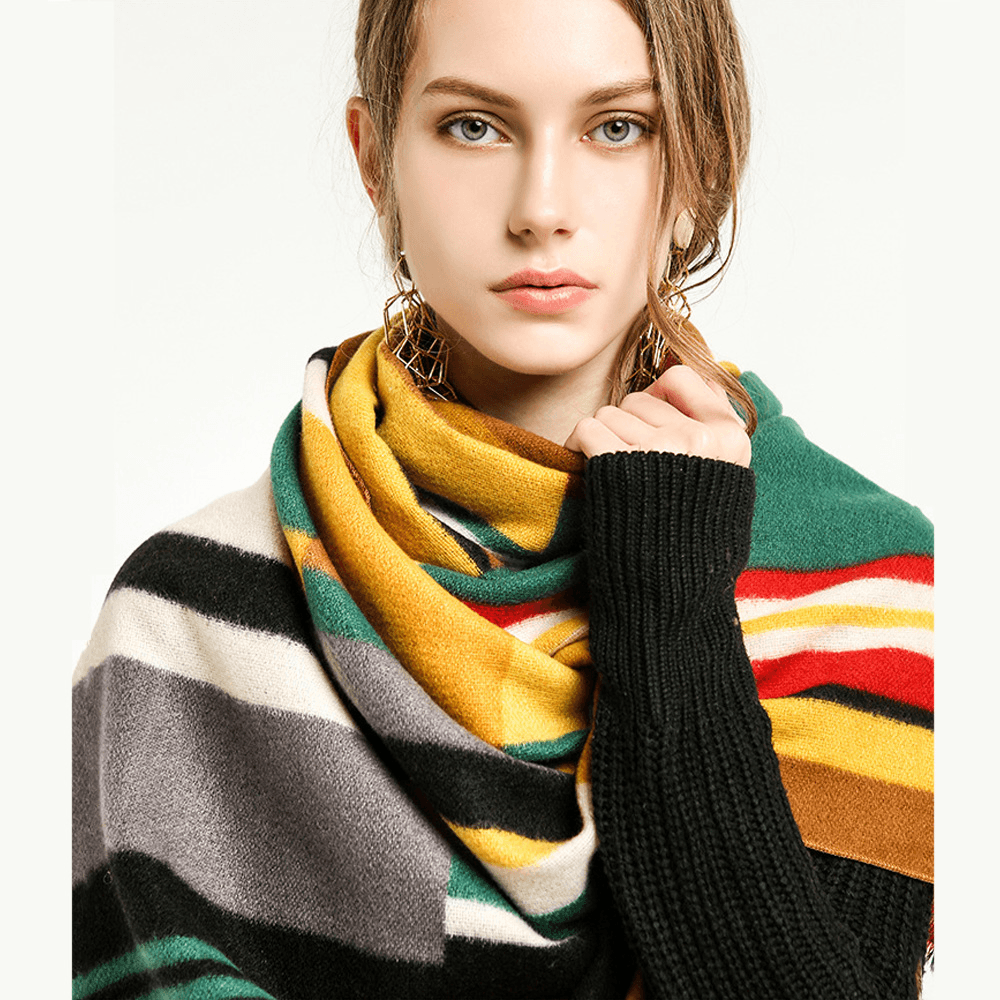 Women Colorful Striped Warmth Neck Protection Shawl Dual-Use Cool-Protection Windproof Long Tassel Scarf - MRSLM