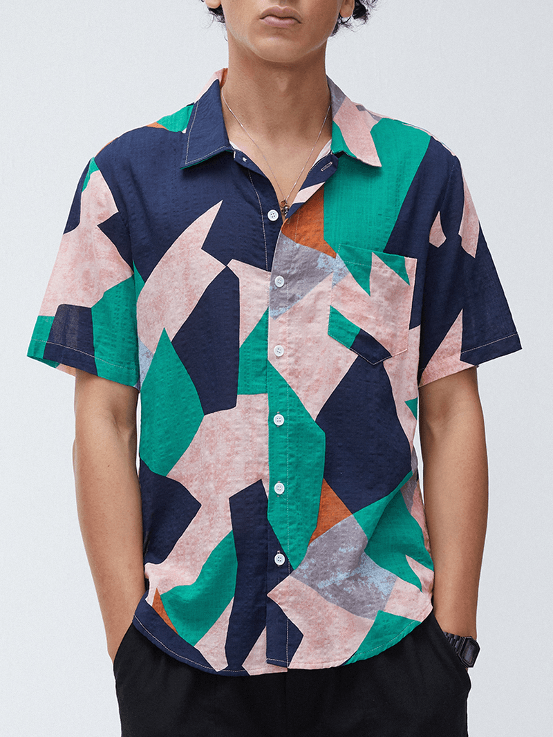Mens Cotton Irregular Geometric Print Color Block Patch Pocket Casual Shirts - MRSLM