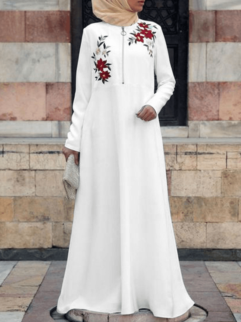Floral Embroidery Zipper Front Long Sleeve Bohemian Casual Maxi Dress for Women - MRSLM
