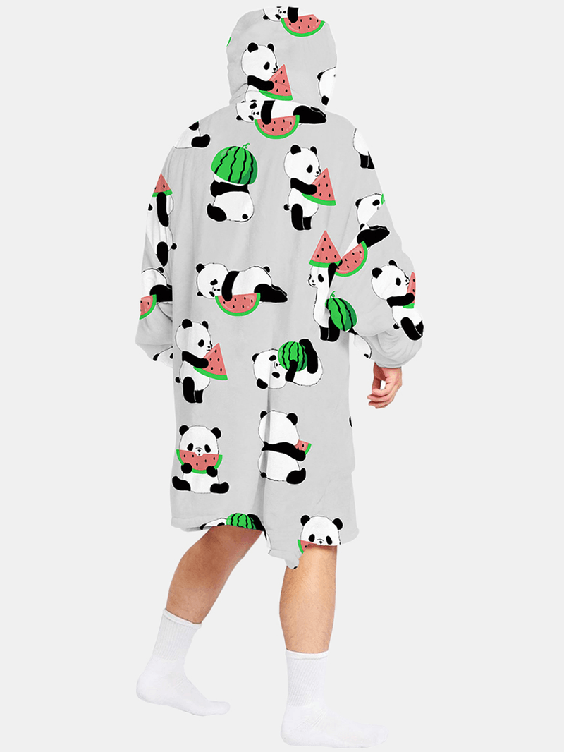 Mens Cartoon Animal Print Sherpa Lined Reversible Blanket Hoodie Warm Loungewear with Pocket - MRSLM