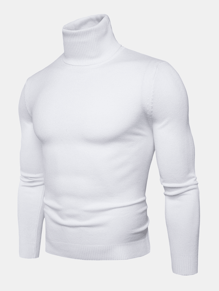 Mens Solid Color High Neck Cotton Knit Casual Long Sleeve Sweaters - MRSLM