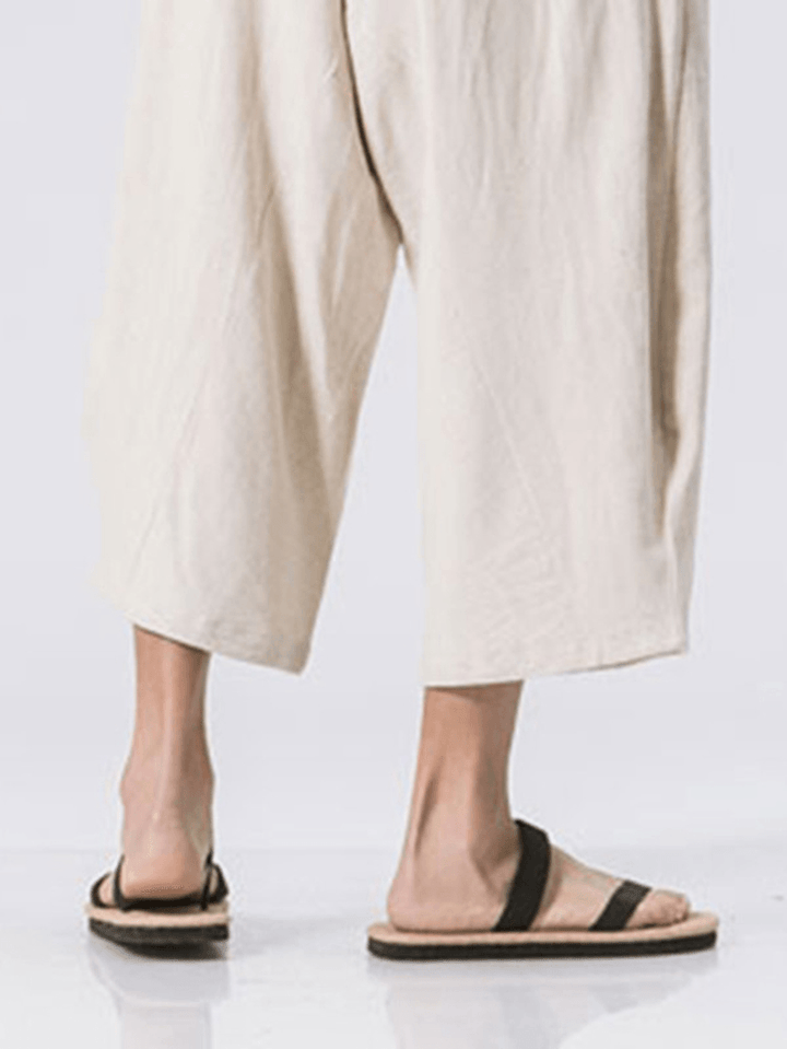 Stylish Mens Cotton Linen Baggy Loose Calf Length Pants Antibacterial Casual Shorts - MRSLM