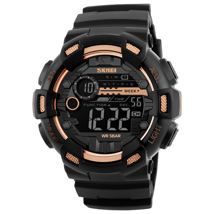 SKMEI 1243 Luminous Week Display Stopwatch Countdown 5ATM Waterproof Dual-Time Sport Men Digital Watch - MRSLM