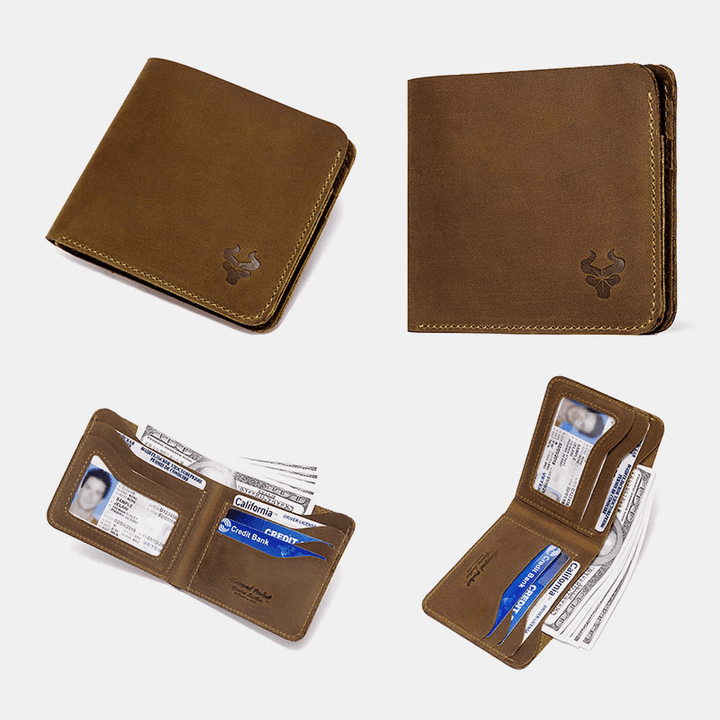 Men Genuine Leather Super Light Bifold Open Retro Short RFID Anti-Theft Cowhide Card Holder Coin Wallet - MRSLM